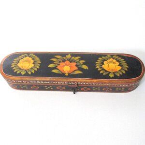 Vintage Hand Painted Wood Pen Case Qalamdan Qajar Floral Hinged Lid 10"